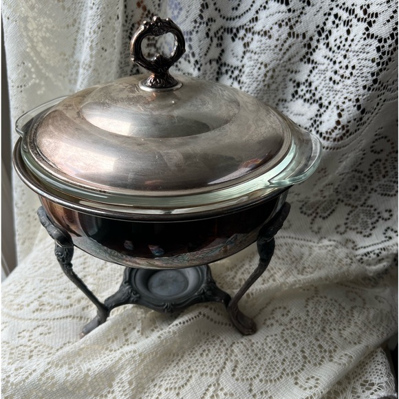 Vintage Silver Plate Serving Tray With Anchor Hocking 10 in across Dish. - Picture 11 of 13